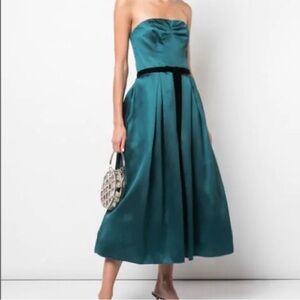 Marchesa Notte Satin Teal Dress Printed Mikado Midi Dress